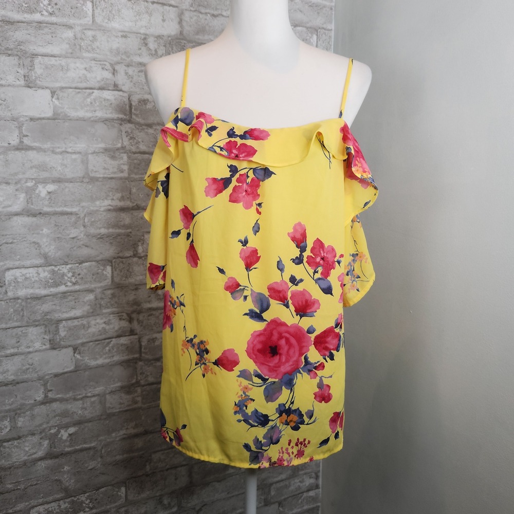 Skies Are Blue Cold Shoulder Top Yellow Floral Ruffle Dopamine Dressing Boho M